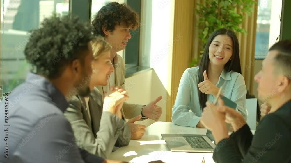 CEO or meeting leader giving thumbs up, liking work or business partner while shaking hands with businessman, professional team making legal business deal after negotiation is completed, team success 