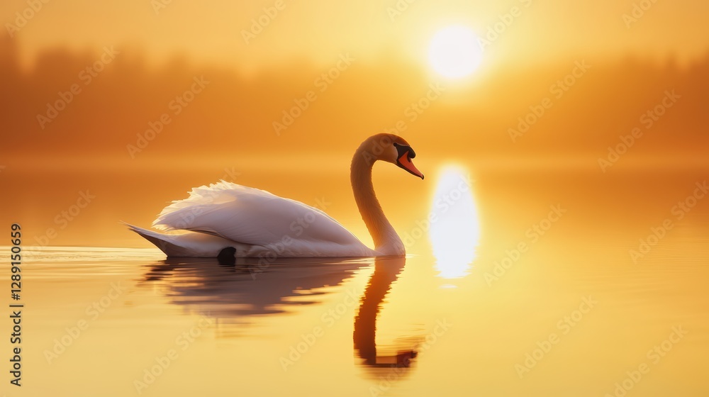 Fototapeta premium Graceful Swan Gliding Over Tranquil Lake at Sunrise