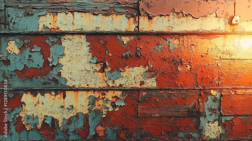 Weathered wooden planks with peeling red and green paint illuminated by warm sunlight, texture close-up. Industrial decay and antique rustic concept Weathered wooden planks with peeling red and green paint illuminated by warm sunlight, texture close-up. Industrial decay and antique rustic concept