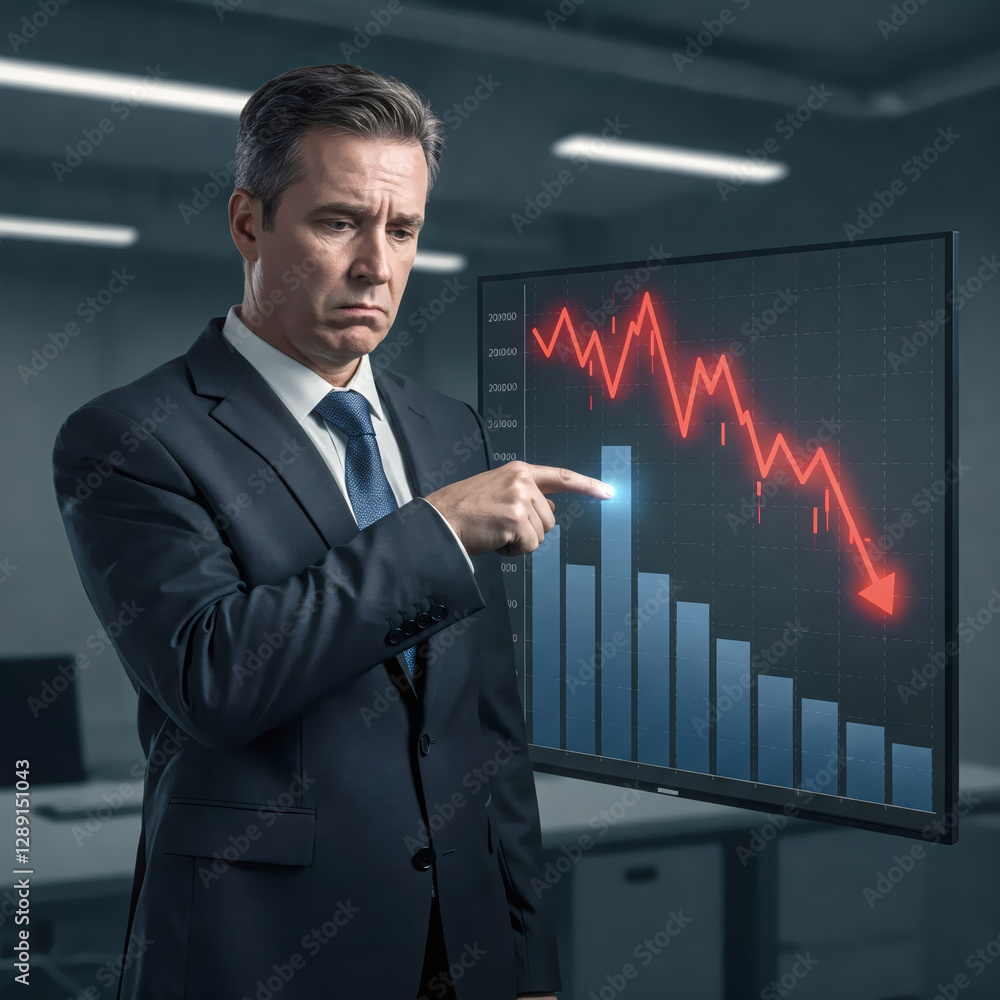 Market Downturn: A worried businessman points to a declining financial chart, symbolizing economic downturn, and financial struggles in the workplace.
