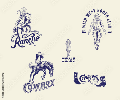 Western cowboy vintage vector illustration, Cowboy with gun in hand, Cowboy riding horse vector art, Rodeo cowboy artwork combo for t shirt, embroidery, screen print 