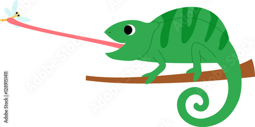 funny green chameleon cartoon catching a dragonfly with its tongue illustration