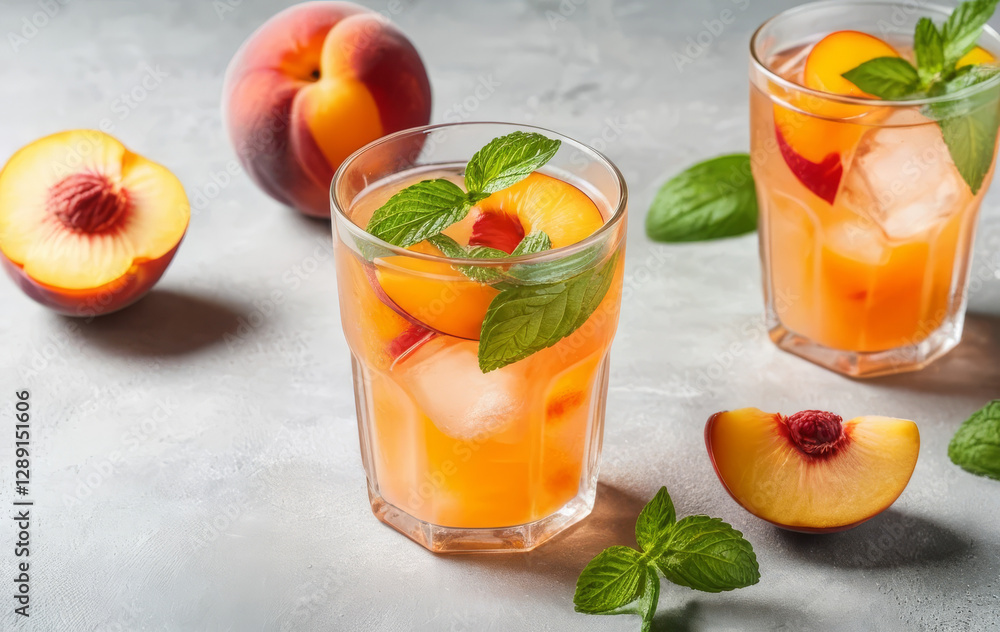 A glass of peach infused drink with slices of peach and mint leaves on a light gray table A glass of peach infused drink with slices of peach and mint leaves on a light gray table