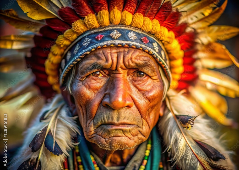 Portrait of elderly indigenous man with feathered headdress in tribal landscape cultural heritage close-up Portrait of elderly indigenous man with feathered headdress in tribal landscape cultural heritage close-up