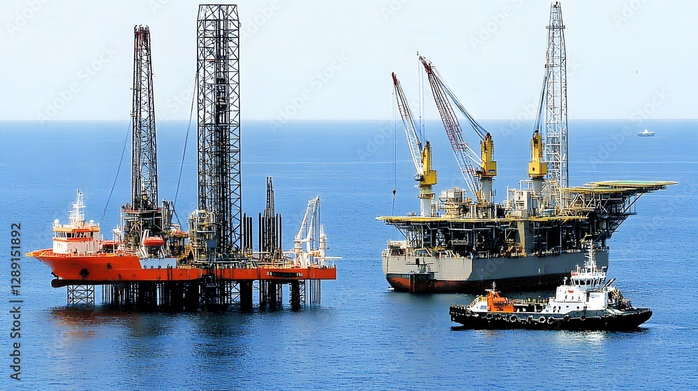 Offshore Oil Rigs and Support Vessel Operating in the Open Ocean under Blue Sky Offshore Oil Rigs and Support Vessel Operating in the Open Ocean under Blue Sky