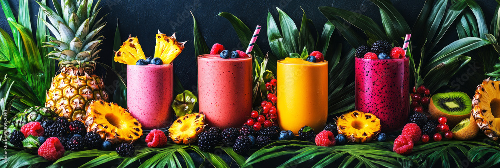 Fototapeta premium A delicious assortment of tropical fruits, including golden pineapple and juicy papaya, accompanied by vibrant smoothies in pink and orange, creating a refreshing and exotic dining experience, banner