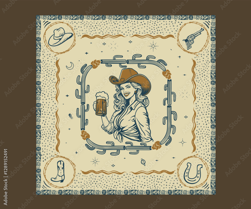 Obraz premium Western vintage cowgirl bandana design, Cowgirl in hat beer glass in hand vector illustration, Western desert vintage print design for t shirt, poster, graphic print