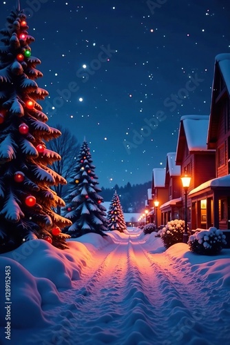 Snowy night with twinkling lights in a colorful Christmas scene, night, snow