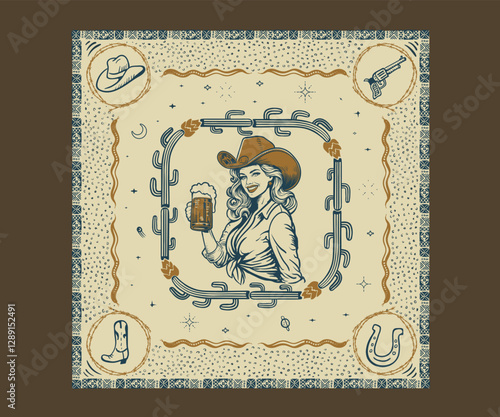 Western vintage cowgirl bandana design, Cowgirl in hat beer glass in hand vector illustration, Western desert vintage print design for t shirt, poster, graphic print