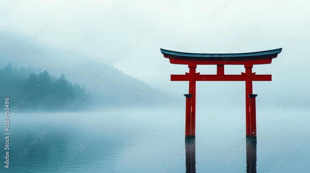 Serene Red Torii Gate Standing in Misty Lake Landscape Serene Red Torii Gate Standing in Misty Lake Landscape