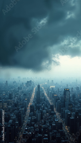 Dark swirling clouds over a bustling city with soft, beginning rain mist photo