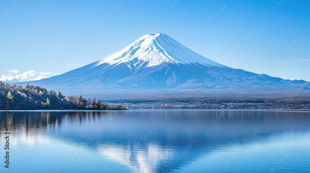 Clear frontal shot of Mt. Fuji's snow-covered peak, standing tall against a bright, cloudless sky, with a foreground of tranquil lakeside scenery. Clear frontal shot of Mt. Fuji's snow-covered peak, standing tall against a bright, cloudless sky, with a foreground of tranquil lakeside scenery.