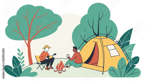friends camping campers at fire relaxing
