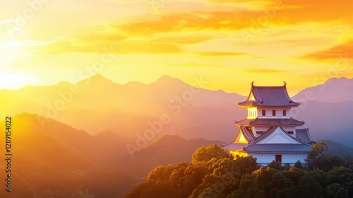 Wallpaper Mural Serene Sunset Over a Castle Surrounded by Majestic Mountains Torontodigital.ca