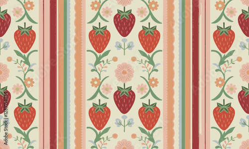 Modern vector illustration of a seamless floral and strawberry pattern, easily editable