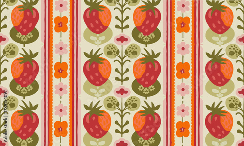 Modern vector illustration of a seamless floral and strawberry pattern, easily editable