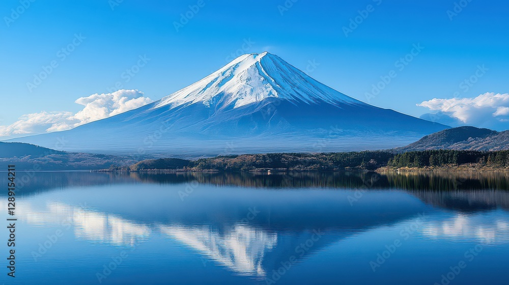 Clear frontal shot of Mt. Fuji's snow-covered peak, standing tall against a bright, cloudless sky, with a foreground of tranquil lakeside scenery. Clear frontal shot of Mt. Fuji's snow-covered peak, standing tall against a bright, cloudless sky, with a foreground of tranquil lakeside scenery.