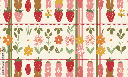 Modern vector illustration of a seamless floral and strawberry pattern, easily editable