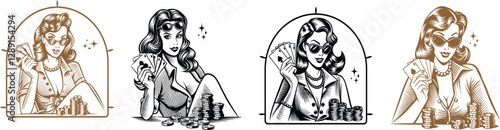set of engraving Pin-up girl playing poker cards and chips vector, engraving sketch ink poster black illustration etching style tattoo