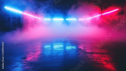 Wallpaper Mural Futuristic Neon Lights Reflecting on Wet Floor with Smoke Torontodigital.ca