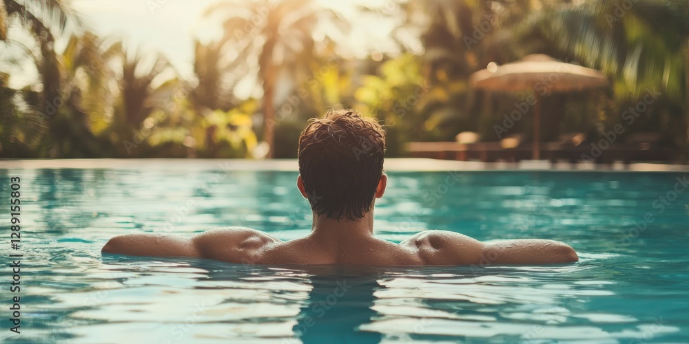 Escape to Paradise: A man, seen from behind, relaxes in a tranquil pool, with tropical foliage in the backdrop. The scene conveys serenity and an ideal vacation experience, bathed in warm sunlight. Escape to Paradise: A man, seen from behind, relaxes in a tranquil pool, with tropical foliage in the backdrop. The scene conveys serenity and an ideal vacation experience, bathed in warm sunlight.