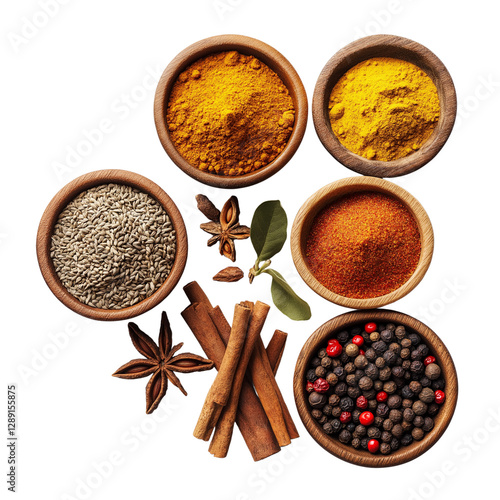 Spices in wooden bowls, isolated on a transparent  background. png