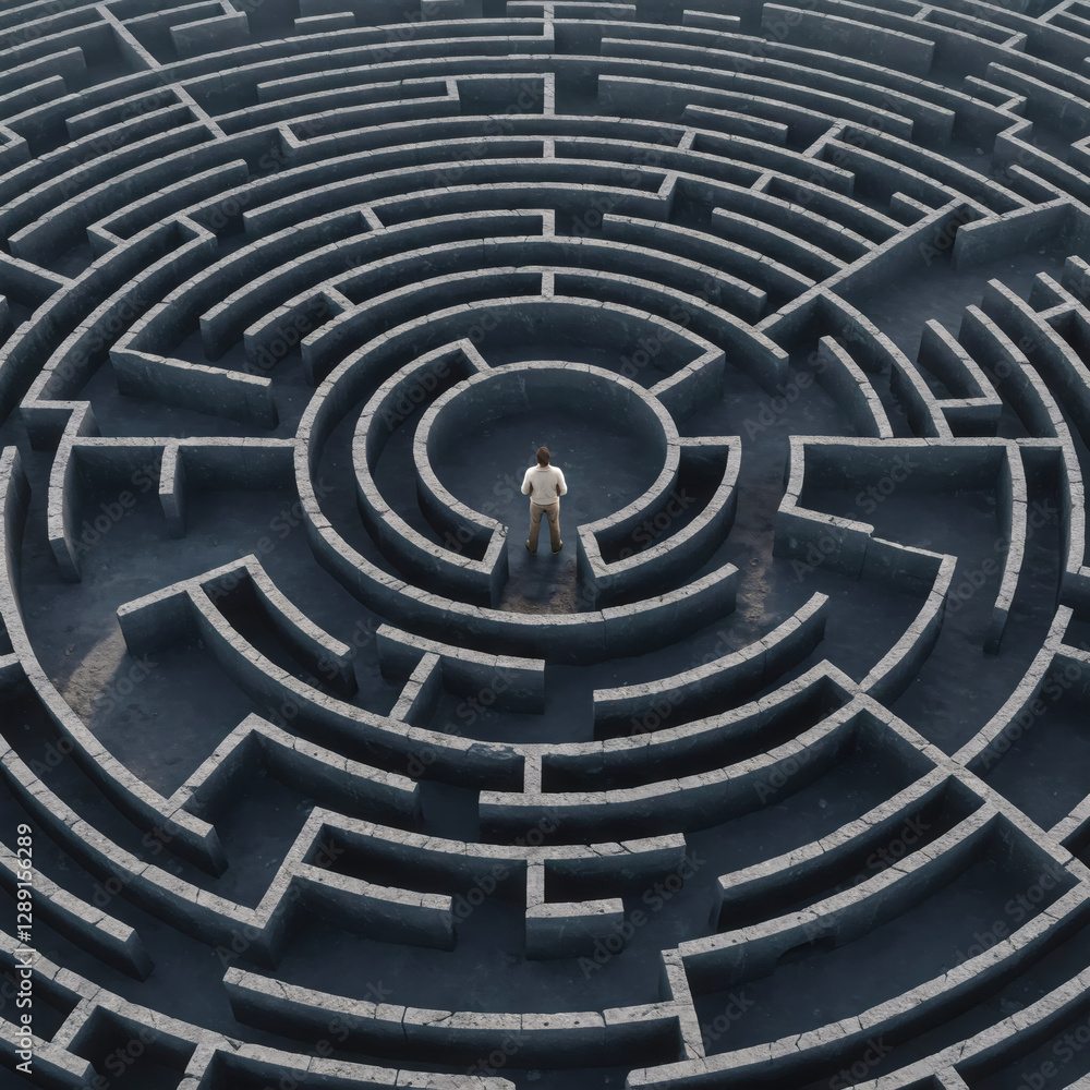 Navigating the Labyrinth: A solitary figure stands at the center of an intricate maze, contemplating the challenging paths that lie ahead, with a sense of intrigue and contemplation.