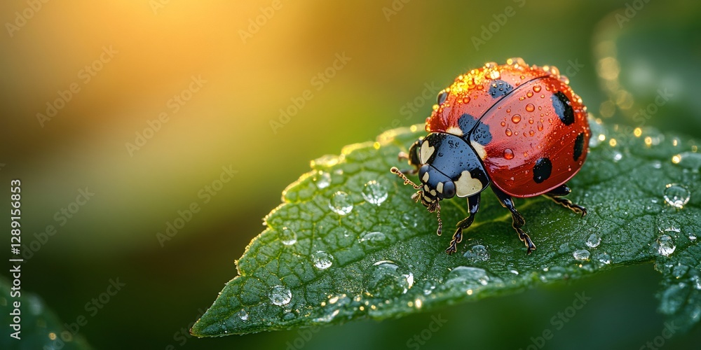 Naklejka premium Ladybug walking on green leaf at sunset, dewy insect exploring nature's beauty