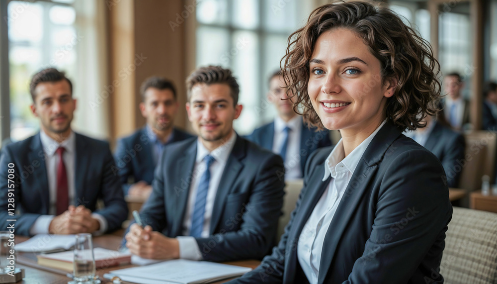 A woman in a business suit is smiling at the camera A woman in a business suit is smiling at the camera
