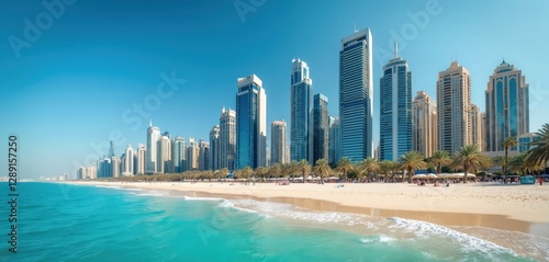 Fototapeta Naklejka Na Ścianę i Meble -  Scenic panorama of Dubai city skyline, Marina beach in UAE. Modern skyscrapers, hotels, resorts line coast. Turquoise sea, palms, sandy beach attract tourists. Summer vacation in luxury Middle East