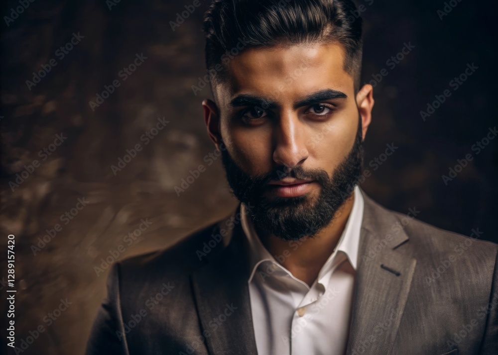 Professional portrait of a young middle eastern man with neatly trimmed beard in business attire against a dark background Professional portrait of a young middle eastern man with neatly trimmed beard in business attire against a dark background