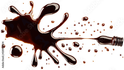 Balsamic vinegar spilled, vector isolated on white, top view, dark vinegar splash, Italian dressing, liquid drop, gourmet ingredient, glossy sauce, food design, culinary art