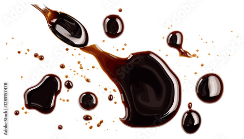 Vector balsamic vinegar spilled, isolated on white, top view, dark liquid splash, Italian cuisine, gourmet seasoning, glossy drops, sauce stain, Mediterranean food