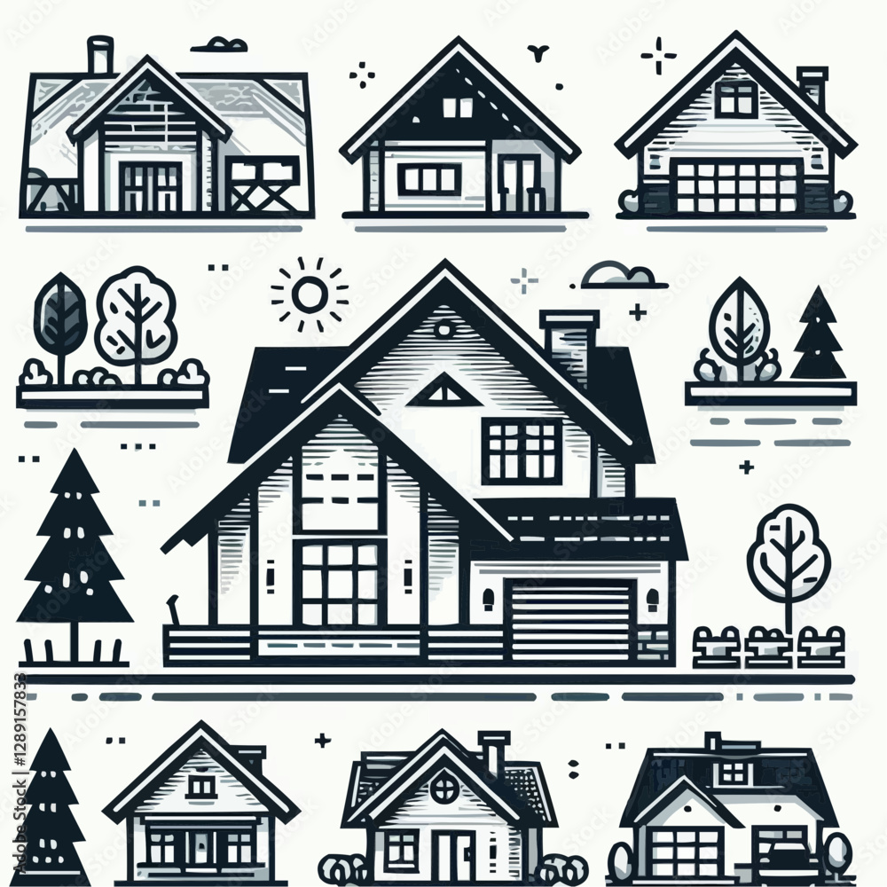 Fototapeta premium Stylized illustration of various house designs and landscapes 