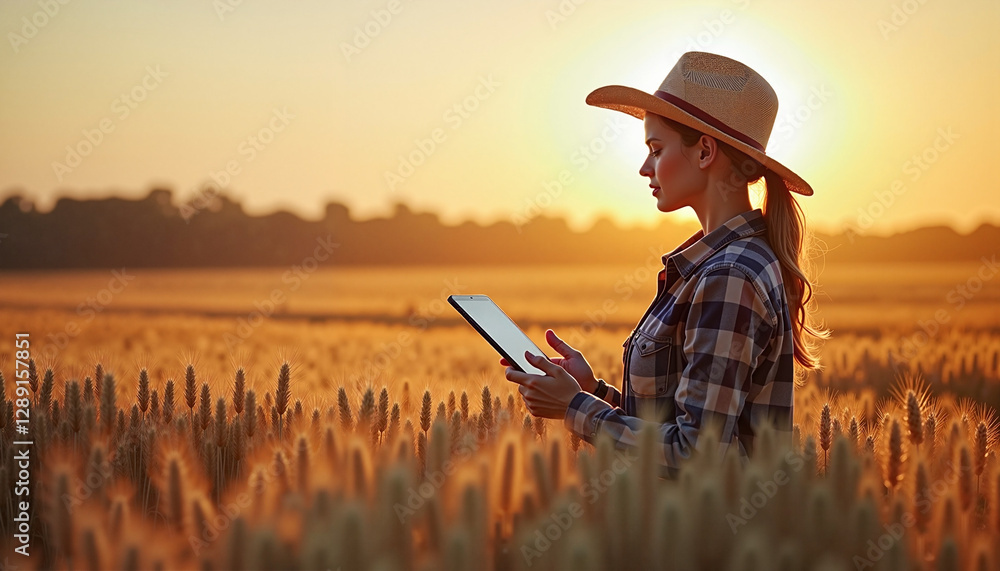 Female farmer using tablet in wheat field at sunset.
Female farmer using tablet in wheat field at sunset.