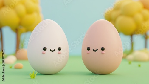 Cute Easter eggs on a nature green background. Cute view