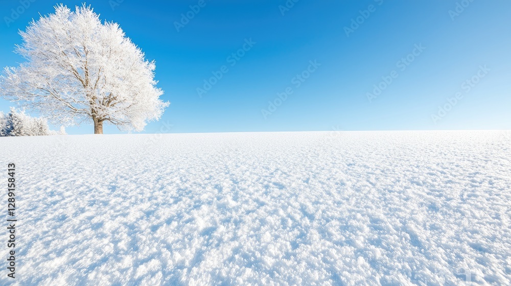 Fototapeta premium Snowy field with a frosted tree under a clear sky. Perfect for winter backgrounds