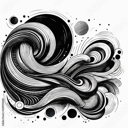 Dynamic black and white abstract wave illustration with swirling patterns