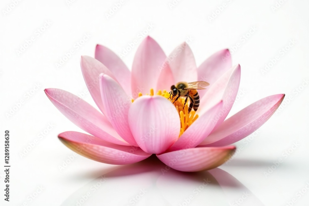 White background with a single bee collecting pollen from isolated pink water lily, elegance, peace, calm White background with a single bee collecting pollen from isolated pink water lily, elegance, peace, calm