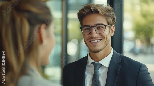 Smiling Young Businessman Meeting with Colleague in Modern Office Space