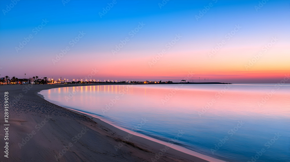 Fototapeta premium Pink and Blue Sunset over Calm Ocean Beach