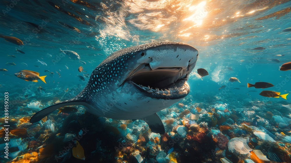 Fototapeta premium Whale shark swimming over polluted ocean floor with open mouth