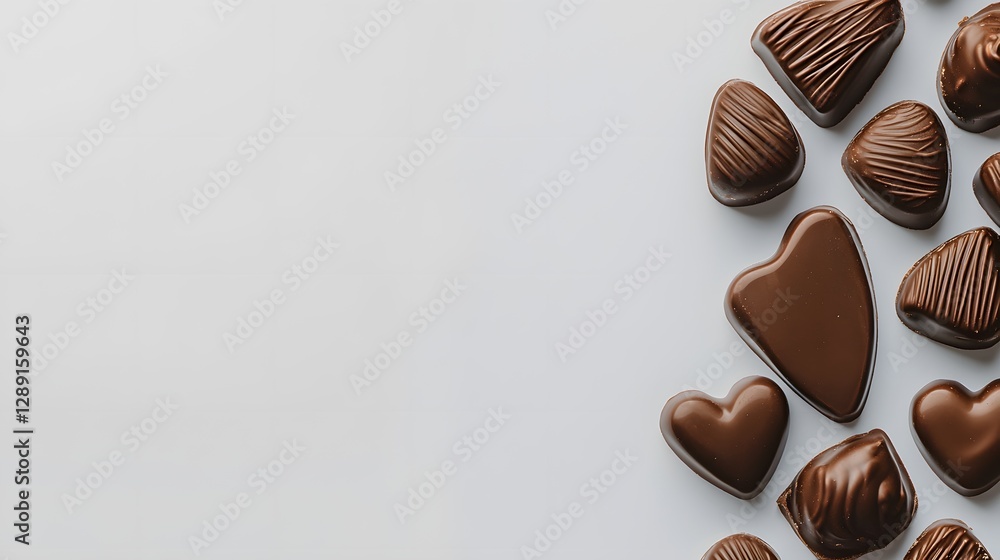 Fototapeta premium Assorted Gourmet Chocolate Hearts and Treats Arranged Elegantly on a Light Background