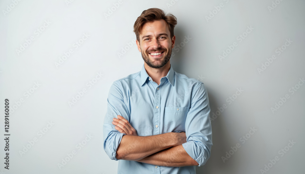 Happy man with beard stands confidently with crossed arms on a white background. He is wearing a light blue shirt. Studio shot of smiling guy looking at camera, successful leader. Happy man with beard stands confidently with crossed arms on a white background. He is wearing a light blue shirt. Studio shot of smiling guy looking at camera, successful leader.