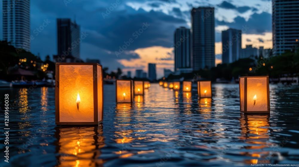 Fototapeta premium Lanterns Floating on the River During Loy Krathong Festival Evening
