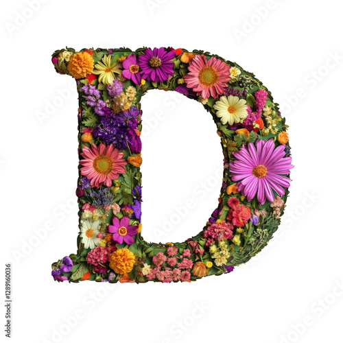Letter d formed by colorful flowers on a white background for decorative purposes isolated on transparent background..