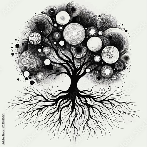 Artistic black and white Tree of Life illustration with cosmic elements