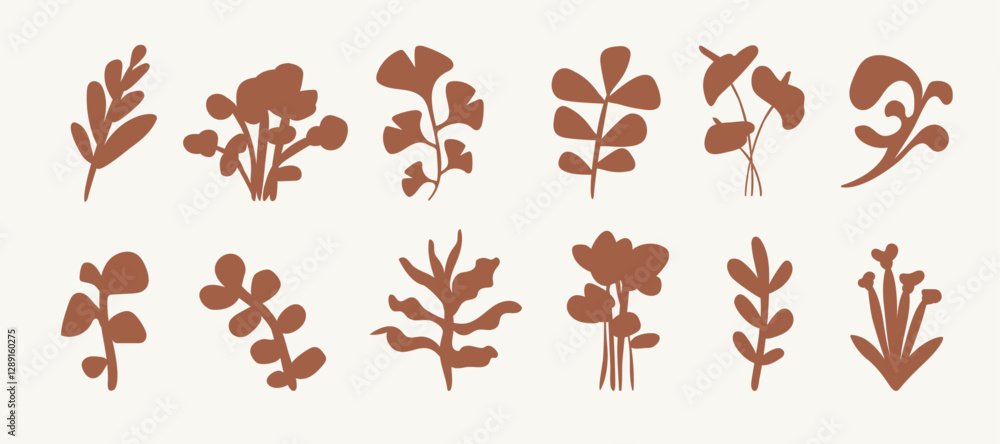 Obraz premium Summer Botanical Set With Abstract Floral Design Natural Elements. Tropical Silhouettes Of Flowers And Plants Collage. Abstract Spring Natural Organic Shapes Leaves Flat Application. Isolated. Vector