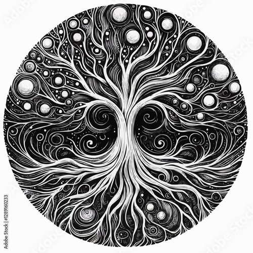 Artistic black and white Tree of Life illustration within a circular frame