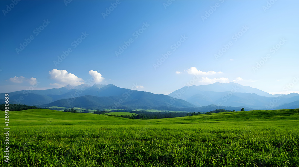 Fototapeta premium Vast Green Field with Mountain Range under a Blue Sky